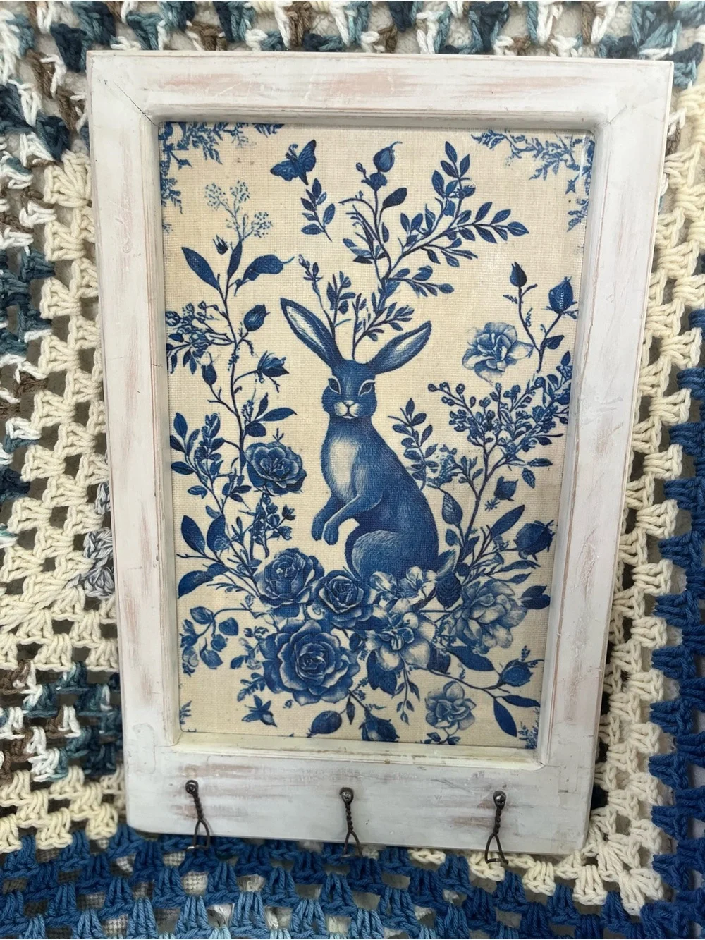Blue Floral Rabbit Wall 3 Hook Decor
